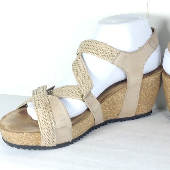 Taos Women’s Julia US9-9,5 Beige Leather Woven Cork Wedge Strappy Sandals - Picture 7 of 16